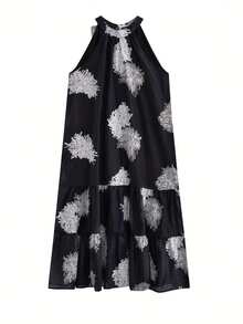 Women Casual Random Print Off Shoulder Summer Dress - Black - View 4