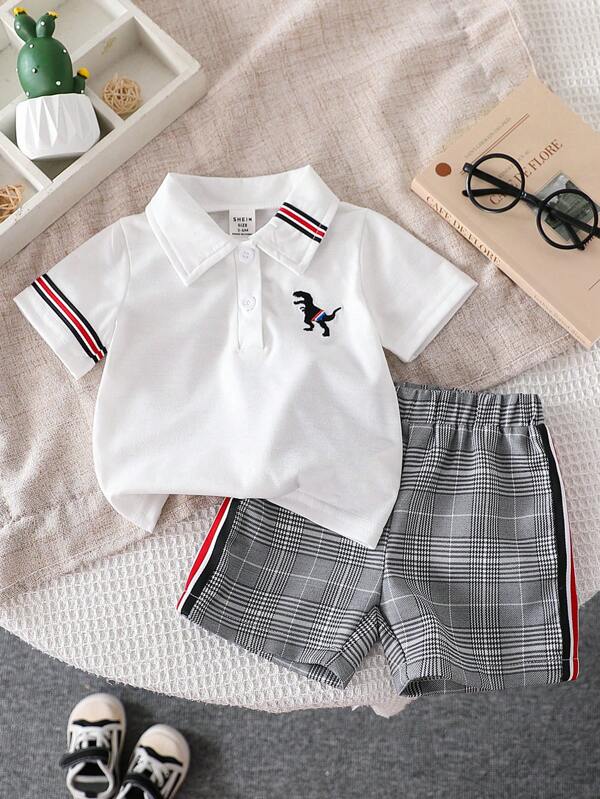 SHEIN Genkimix Kids Baby Jungen Polo Shirt mit gestreiftem Dinosaurier Stickerei und karierte Shorts Set, Frühling/Sommer lässig