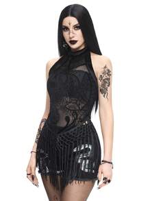 ROMWE Goth Women's Sexy Vacation Style Vintage Floral Flocking Tassel Tank Top - Black - View 6