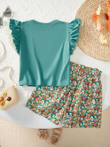 SHEIN Tween Girl Loose Fit Casual Ruffle Sleeve T-Shirt And Floral Allover Print Shorts Set - Rose Red - View 2