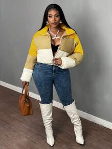 Slaydiva Plus Size Women's Daily & Casual & Streetwear Quilted Padded Coat With Shortened & Long Sleeve And Multi-Color Patchwork Design, Autumn/Winter - C