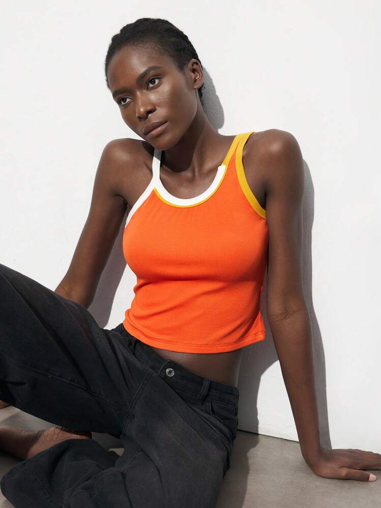 Maija Camiseta sin mangas ajustada de color contrastante para mujer, top minimalista para el verano - Naranja - Añade 5