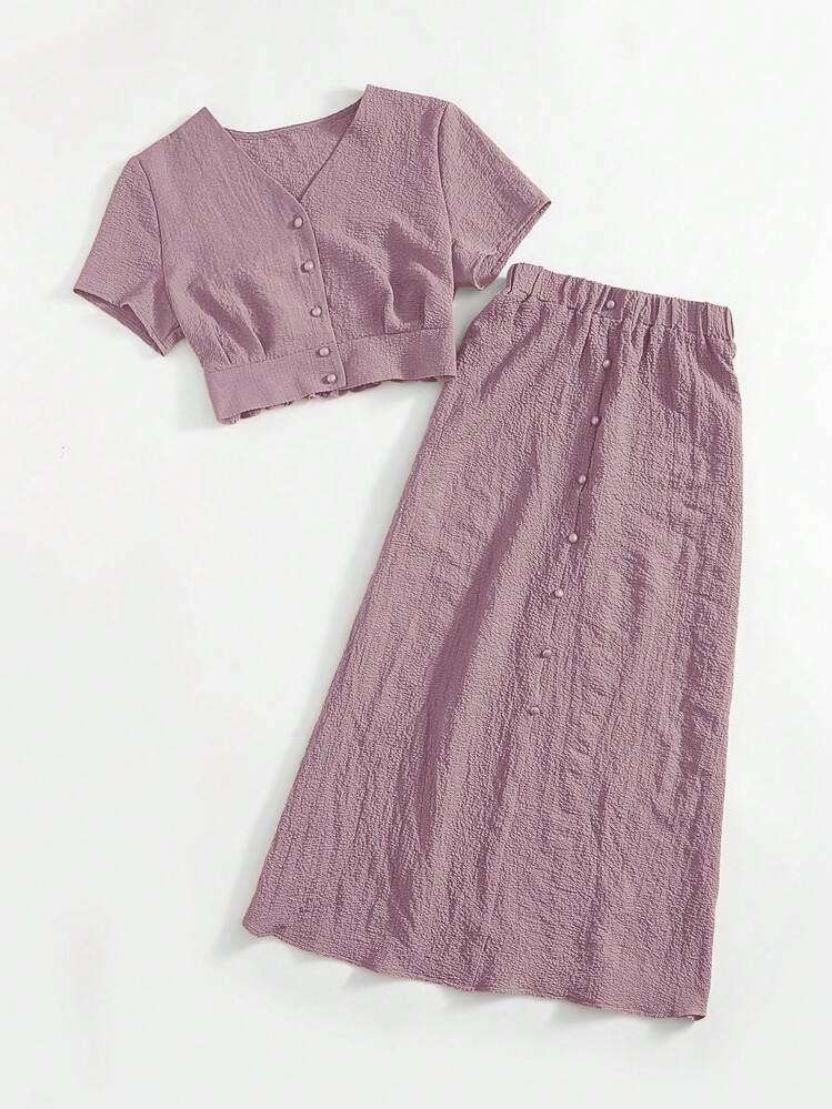 Seusyu Conjunto de 2 piezas de top de manga corta y falda casual de verano simple y texturizado para mujer - Rosa vieja - Añade 3