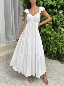 SHEIN Privé Vestido Longo de Decote em V de Manga Curta Branco para Mulheres, Vestidos Brancos, Vestido Longo Fluido, Vestido de Decote em V, Vestidos de Verão, Para Festas de Casamento de Verão, Festivais de Música, Temporada de Formatura, Férias, Formatura, Transporte, Encontros Românticos, Dia do Professor, Elegante - Branco - Visão 5