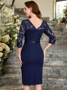 MIUSOL Elegant Floral Lace Round Neck Wrap Hem Cocktail Party Bodycon Dress Prom Semi Formal Wedding Guest Dress, For Birthday, Graduation, Dinner, Homecoming - Navy Blue - View 3