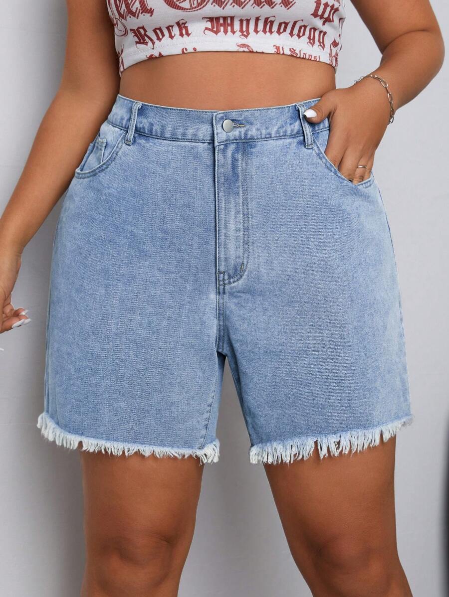 SHEIN EZwear Plus Size Casual Frayed Denim Shorts, Summer - Blue - View 1