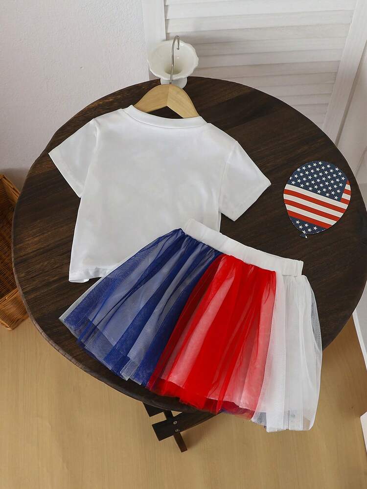 Girls' Casual Short Sleeve Printed T-Shirt + Multicolored Mesh Skirt 2pcs/Set