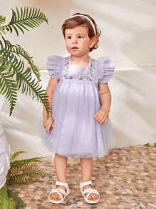 SHEIN Baby Girls' Summer Embroidered Mesh Dress - Mauve Purple - View 6