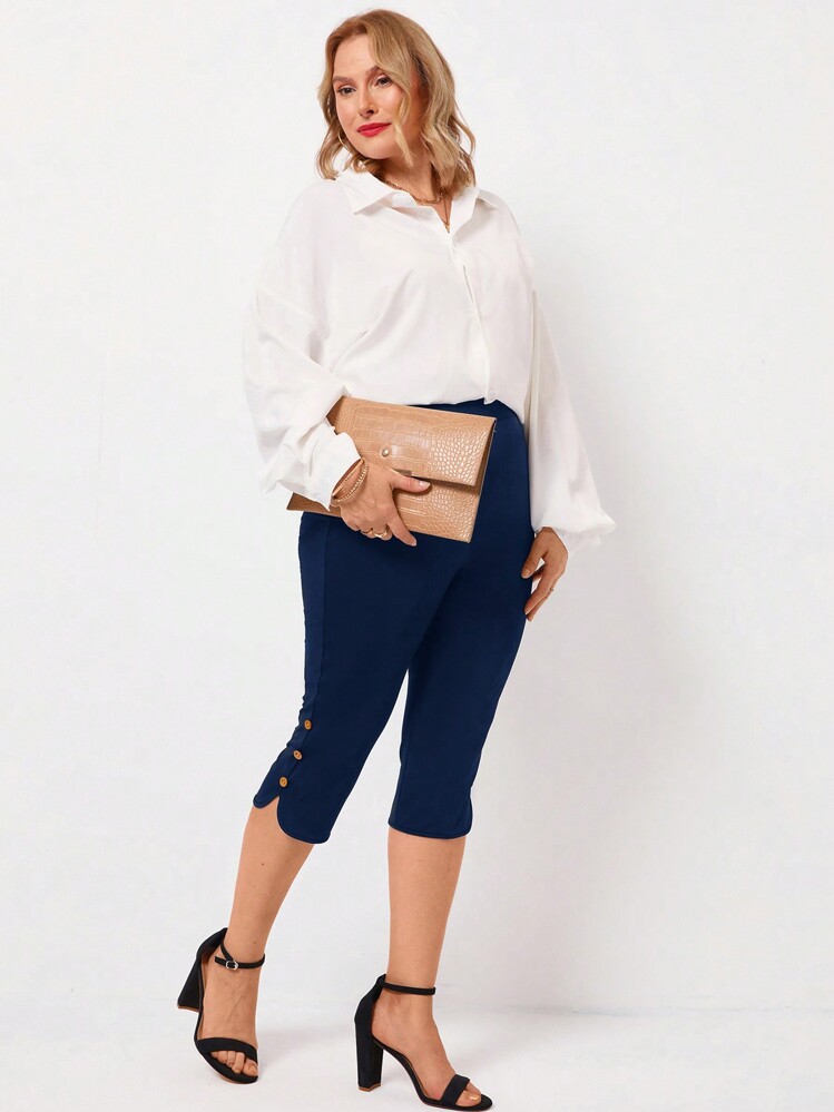 Miaspire 大尺碼女士春夏黑色成熟優雅的鈕扣裝飾修身媽媽褲 - 藏蓝色 - 查看 5