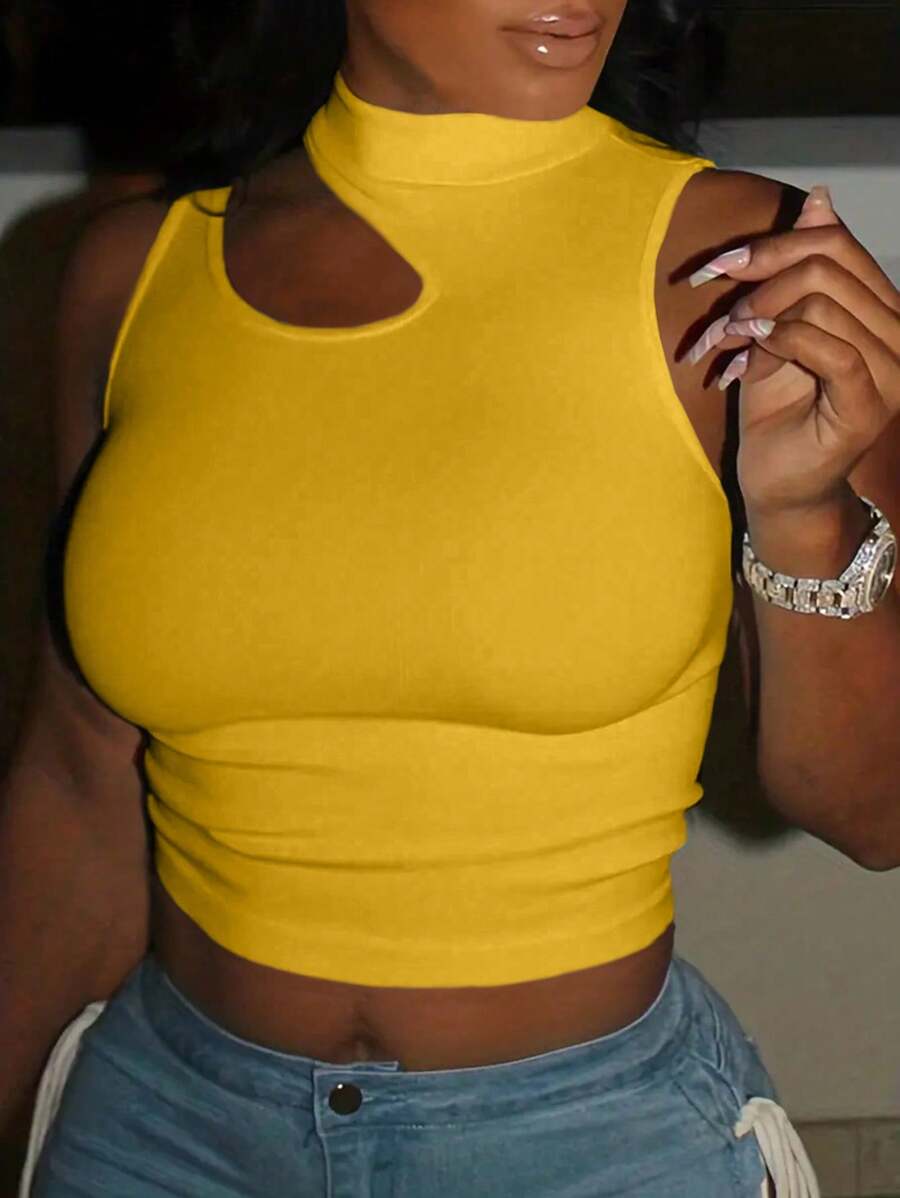 SHEIN Plus Size Stand Collar Hollow Out Pleated Summer Casual Tank Top - Yellow - View 1