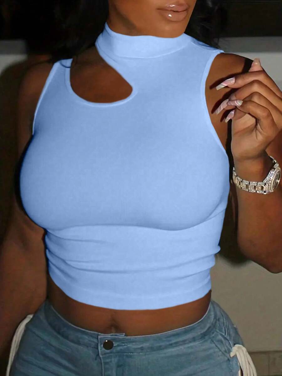 SHEIN Plus Size Women's Summer Solid Color Stand Collar Hollow-Out Slim Fit Tank Top - Baby Blue - View 1