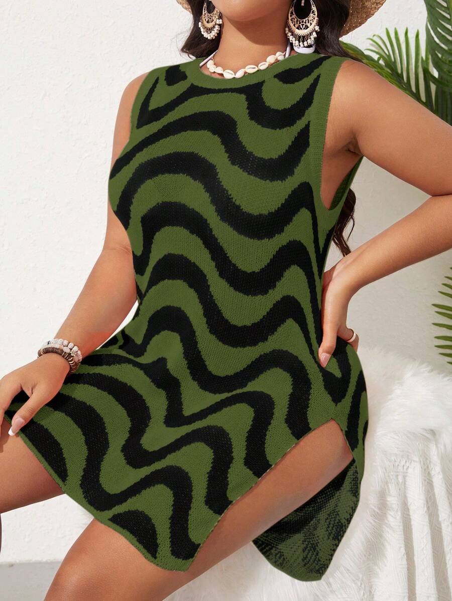 SHEIN Swim Curve Plus Size Women' Beach Wave Striped Round Neck Sleeveless Side Slit Cover-Up Dress Summer