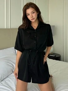 DAZY 休闲简约缎面收腰连体衣，适合居家穿着 - 黑色 - 查看 8