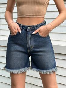 RueChic High Waist Ripped Raw Hem Straight Leg Denim Shorts - Medium Wash - View 4