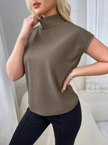 Solid Color Stand Collar Cap Sleeve Women's Homewear Top - Brown - View 5