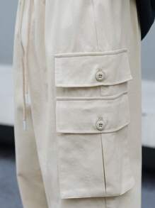 Manfinity Homme 返校节纯色抽绳休闲阔腿裤，带口袋 - 杏色 - 查看 7