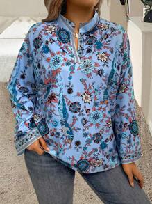 Breezaya 加大尺碼全印花凹口領長袖上衣