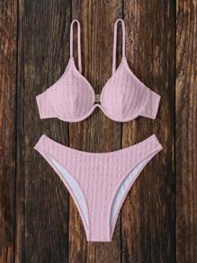 SHEIN Swim 女士純色性感比基尼套裝，夏季海灘泳裝 - 粉色 - 查看 6