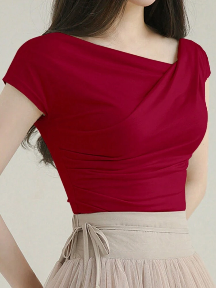 Women's Summer Solid Color Short Sleeve T-Shirt With Asymmetric Neckline And Pleated Design Preppy Tops