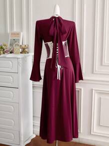 Modelyn Vestido árabe de manga larga elegante con cuello alto y bloqueo de color para mujer, vestidos largos de noche