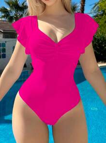 SHEIN Swim Einteiliger Badeanzug für Damen Einfarbig mit herzförmigem Ausschnitt und geraffter Brust, perfekt für den Sommerurlaub am Strand