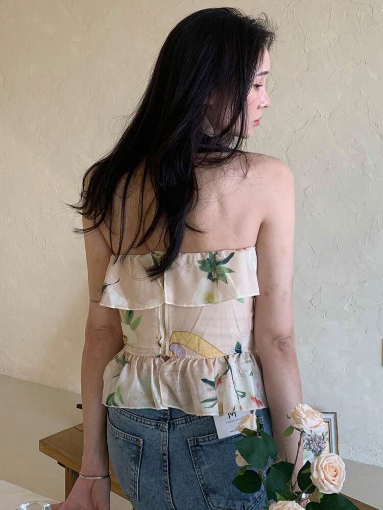 Women's Elegant Strapless Floral Ruffle Trimmed Tube Top, Summer Cruise Women Outfits,Boho Tops,Crop Tops Women Going Out Tops Vacation Outfits Women Easter