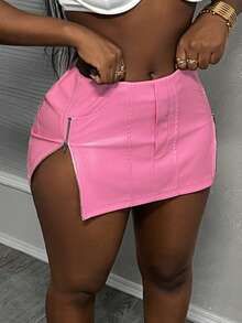 Slaydiva 新款街頭風格性感超迷你金屬拉鍊高開叉裙 PU皮革彈力女裙-H - 粉色 - 查看 5