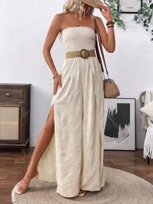 SHEIN Clasi Sarong recortado de unicolor para mujer con mono de pierna ancha y abertura lateral, perfecto para vacaciones y tiempo libre