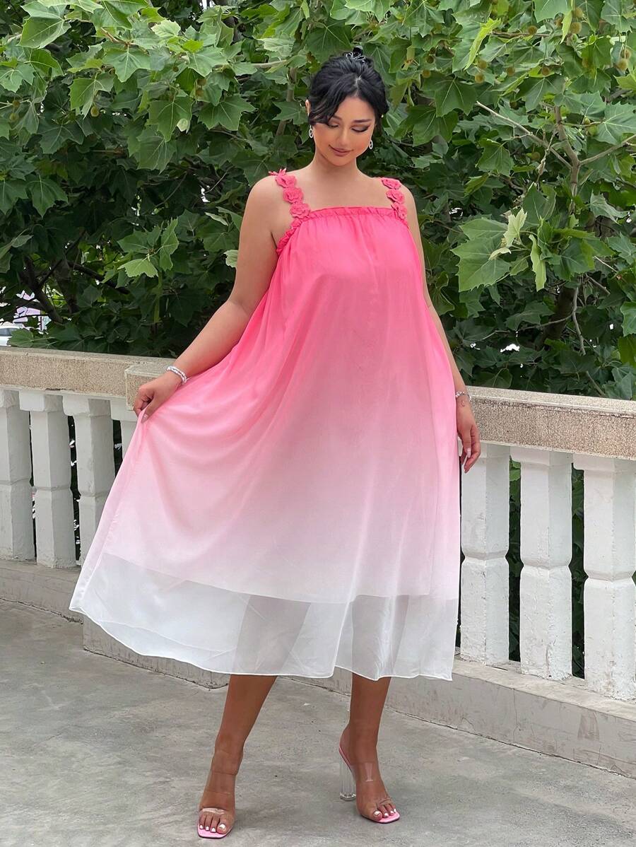 SHEIN Clasi Vestido tipo camisola sin mangas en tallas grandes con dulce degradado y encaje en los bordes, con correas anchas, para verano - Rosa - Ver 1