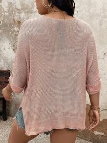 SHEIN LUNE Plus Size Women's Spring/Summer Solid Color Round Neck Batwing Sleeve Loose Fit Pocket Casual Sweater