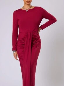 MUSERA Plus Size Slinky Ruched Drape Maxi Dress Outfit For Date Night, Romantic, Classy, Elegant, Occasion Dress, Wedding Guest, Races Flowy, Versitile - Burgundy - View 3