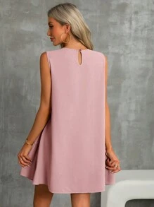 SHEIN Essnce 波西米亚风连衣裙淡蓝色连衣裙亚麻女式条纹圆领无袖休闲迷你连衣裙 - 粉色 - 查看 2