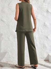 SHEIN Maternity Elegant Commuter Round Neck Sleeveless Side Slit Vest With Adjustable Elastic Waist Straight-Leg Jumpsuit Two-Piece Set