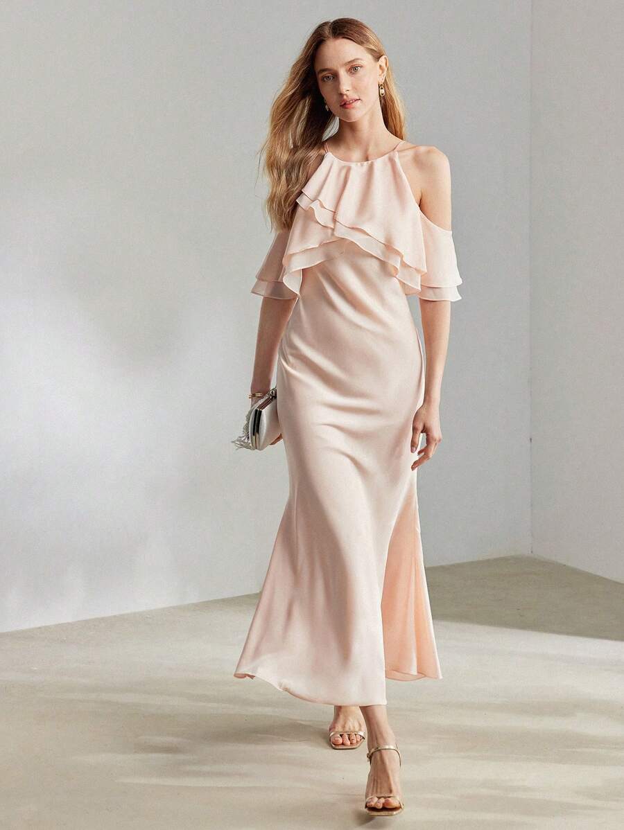 MOTF PREMIUM VAI LẠNH RẮN LAYERED Ruffle TRIM VÁY COCKTAIL HEM Nàng Tiên Cá