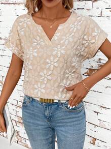 SHEIN Clasi Áo sơ mi ngắn tay bằng vải Jacquard nữ có cổ chữ V, mùa hè - Màu be - Xem 4