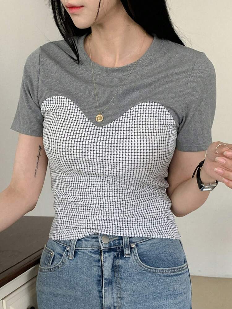 Women's Short Sleeve Wrapped Splicing Color Block T-Shirt Summer,Crop Tops Women Plaid