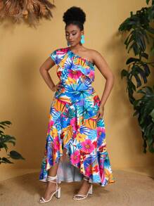 Slaydiva Elegante y romántico vestido de flores de línea A con volantes multicapas y un hombro para mujeres de talla grande