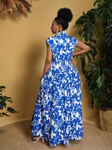 Slaydiva Vestido acampanado de tela no elástica con estampado azul, diseño calado, para el verano, tallas grandes - Azul - Ver 4