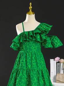 SHEIN Vestido de línea A pesado con jacquard floral y un solo hombro para chicas adolescentes con ribete de volantes exagerado, ideal para bodas, bailes de graduación y fiestas de cumpleaños - Verde - Ver 3