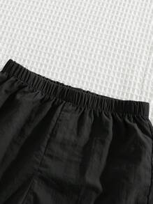 SHEIN Set de pulover cu glugă cu jumătate de fermoar și pantaloni scurți de culoare uni cu rever decorativ - Negru - Vizualizare 12