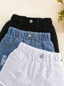 SHEIN 3pcs Baby Girl Fringed Distressed Denim Shorts, Summer,Holiday,Summer,Travel - Multicolor - View 4