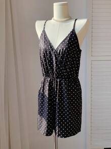 SHEIN EZwear 夏季波點印花細肩帶休閒女式連身褲 - 黑與白 - 查看 1