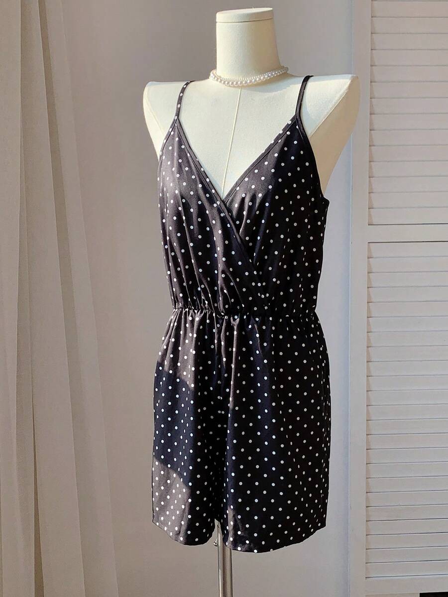 SHEIN EZwear 夏季波點印花細肩帶休閒女式連身褲 - 黑與白 - 查看 1