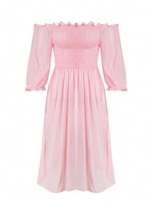 SHEIN Swim Solid Color Shirred Puff Sleeve Cover-Up For Summer - Pink - View 7