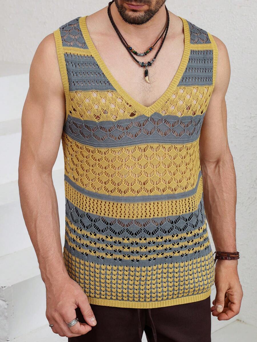 Manfinity RSRT Chaleco de punto sin mangas con cuello en V para hombre con rayas y estampados, ideal para verano - Multicolor - Ver 1