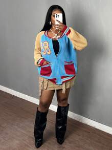 Slaydiva Chaqueta de béisbol suelta y casual de talla grande, diseño de color block con bolsillos y número 98, chaqueta de punto de mujer para otoño/invierno