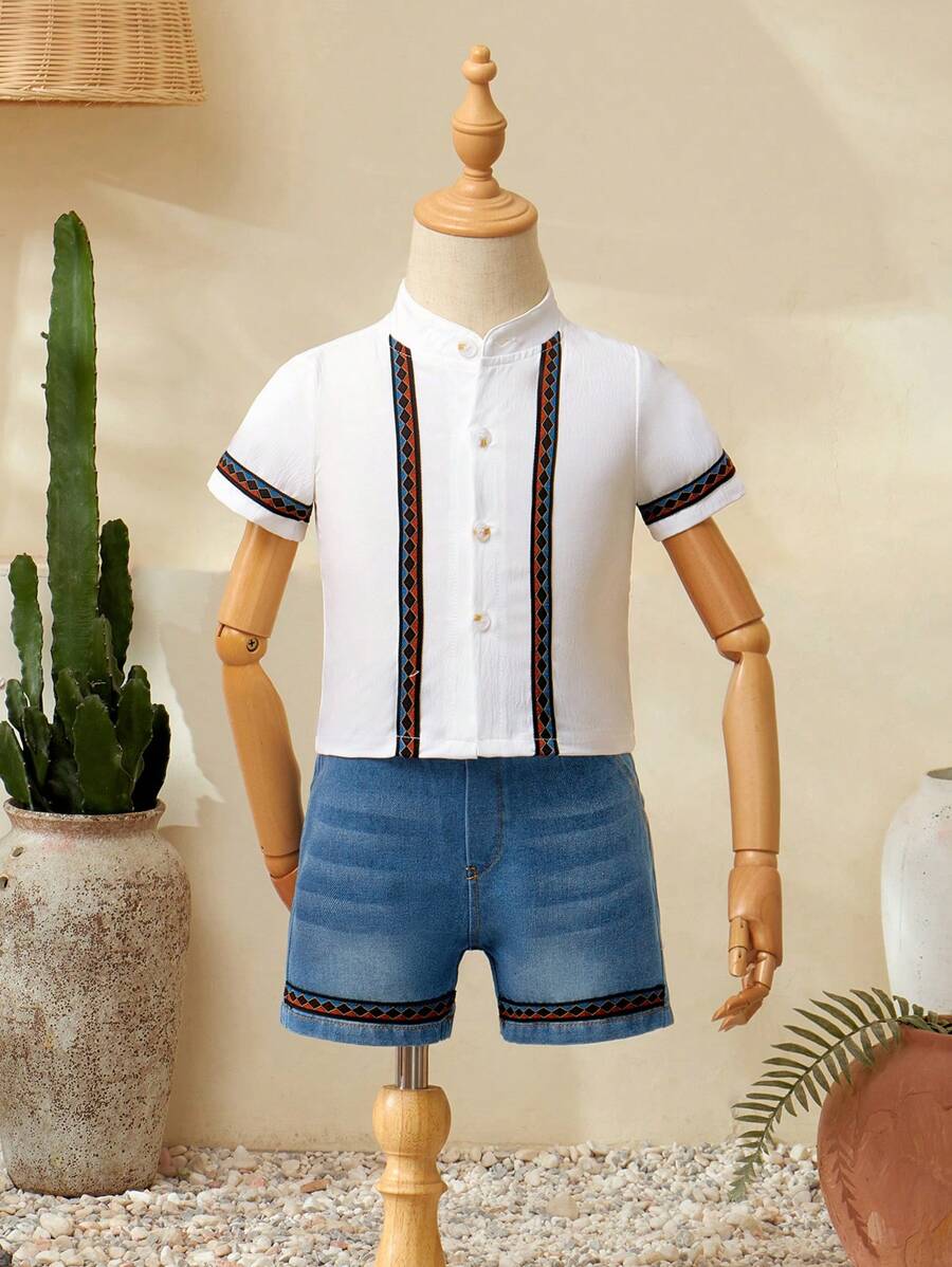 Baby Boy 2pcs/Set Spring/Summer White Shirt And Light Washed Denim Shorts Outfit For Infant Boys With Ramadan Themed Print - White - View 1