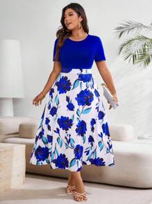 SHEIN Clasi Váy tay ngắn in hoa cỡ lớn có miếng vá, trang phục Maxi mùa hè cho nữ - Màu xanh lam - Xem 6