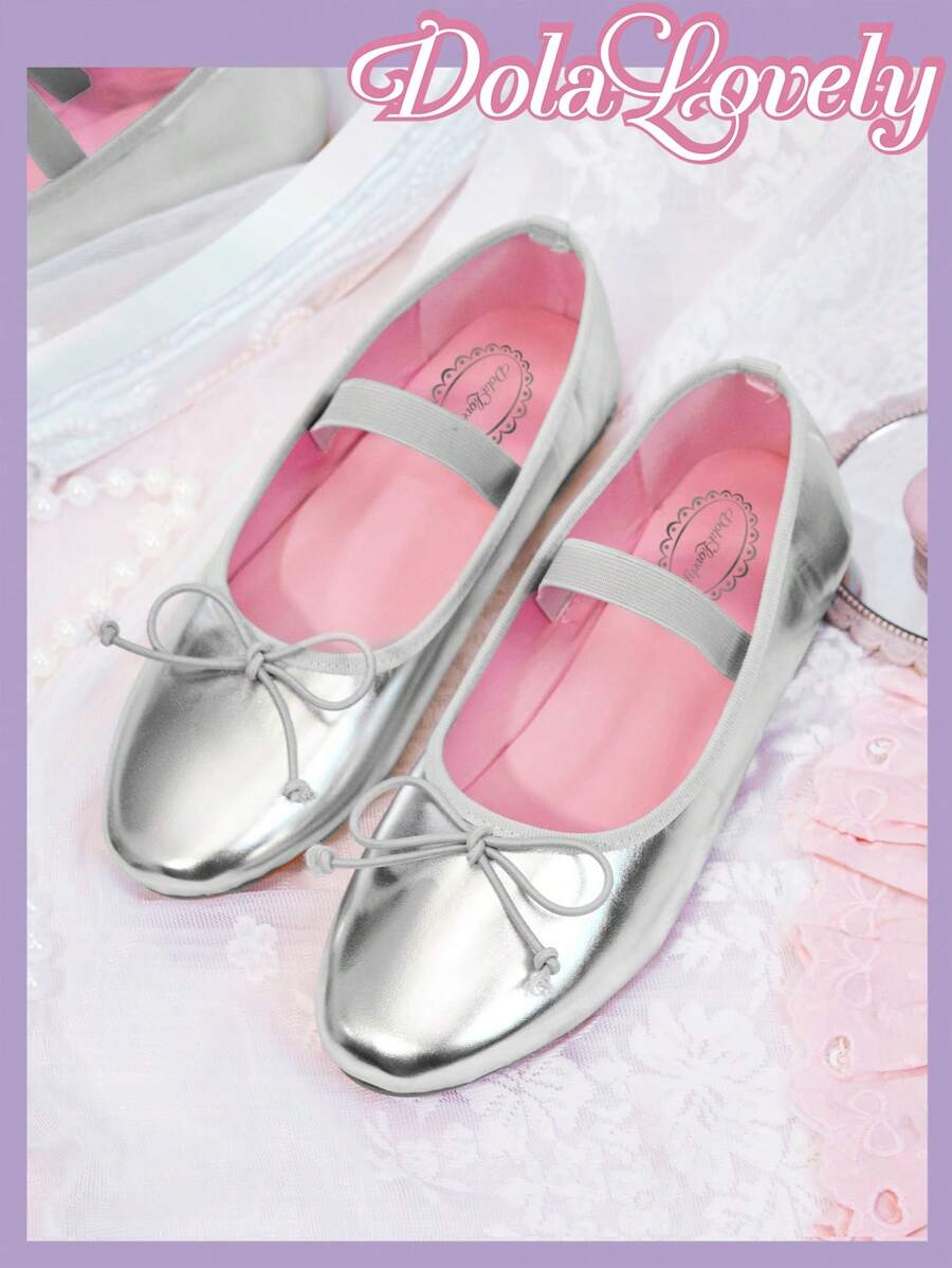 Dola Lovely Women's Lolita Style Cute Butterfly Flats, Pink Inner Lining Ballet Shoes With Silver Soft Comfortable Sole - Silver - View 1