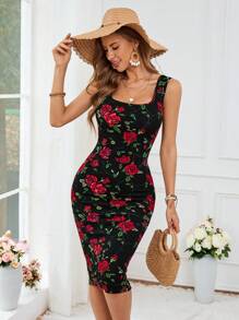 SHEIN VCAY Women's Elegant Holiday Knitted Sexy Red Rose Printed Pattern Classic Sleeveless Summer Dress Style Dress For Women Wedding Dresses Bodycon Long Vintage Dress,Dress To Impress,Vacation Outfits For Women